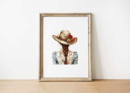 Watercolor illustration of country girl with braided hair wearing floral dress and wide-brimmed straw hat adorned with vibrant flowers, painted in warm earthy tones against white background