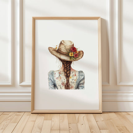 Watercolor illustration of country girl with braided hair wearing floral dress and wide-brimmed straw hat adorned with vibrant flowers, painted in warm earthy tones against white background