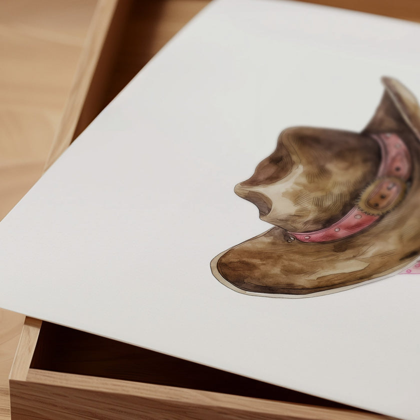 Rustic watercolor cowboy hat with pink polka dot bandana against white background, featuring detailed brushstrokes and soft muted colors perfect for farmhouse and western-themed spaces.