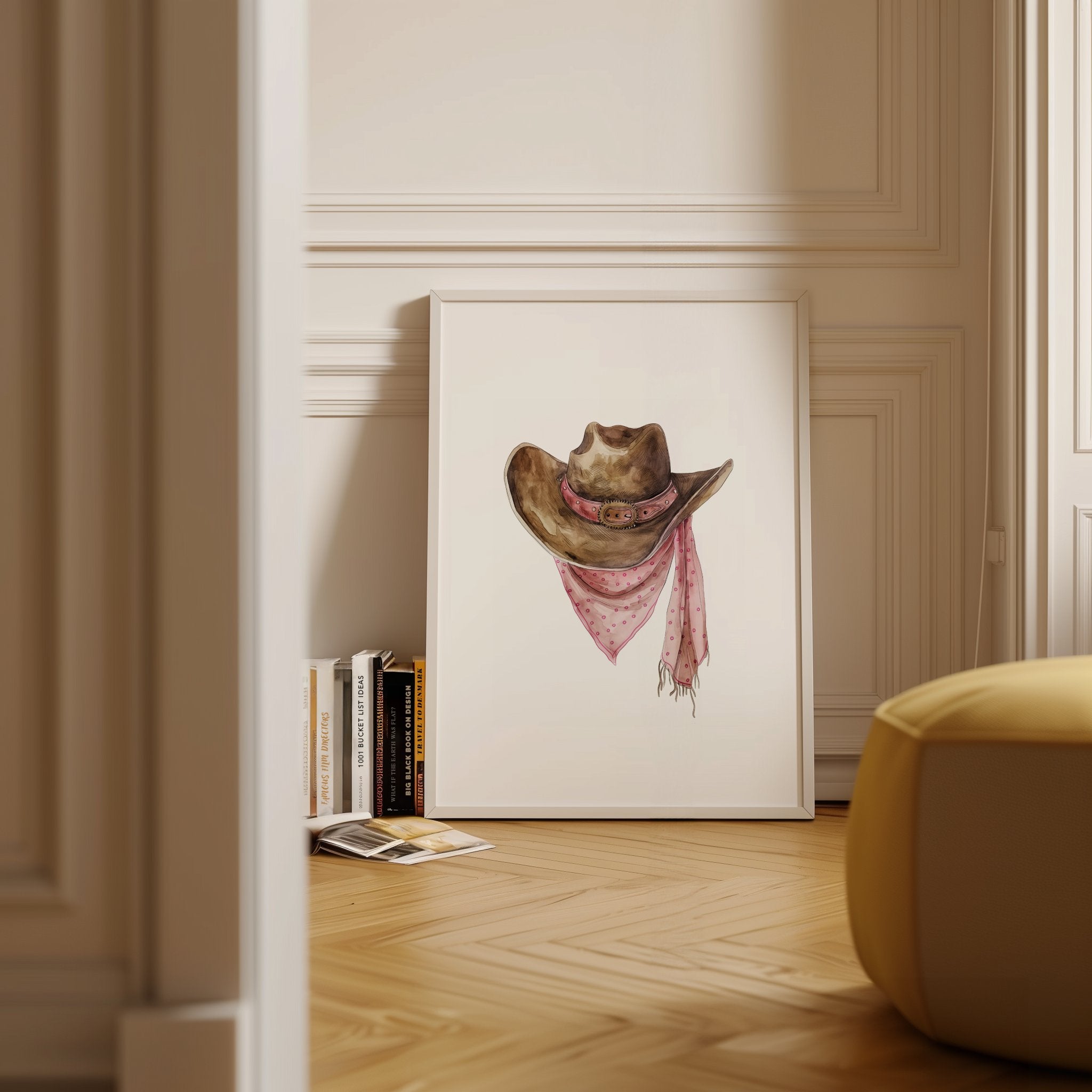 Rustic watercolor cowboy hat with pink polka dot bandana against white background, featuring detailed brushstrokes and soft muted colors perfect for farmhouse and western-themed spaces.
