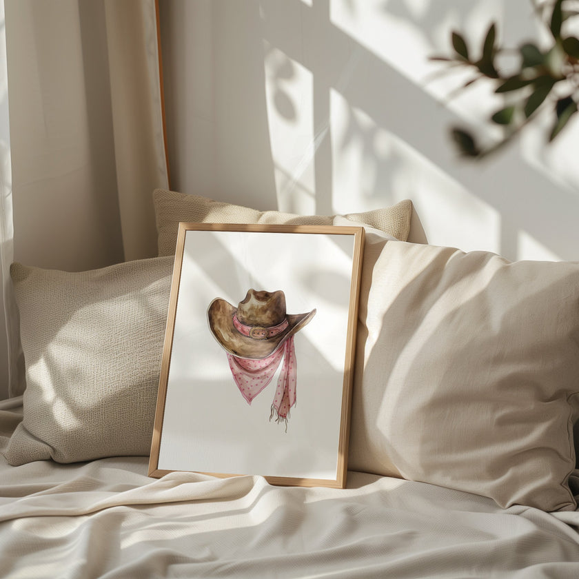 Rustic watercolor cowboy hat with pink polka dot bandana against white background, featuring detailed brushstrokes and soft muted colors perfect for farmhouse and western-themed spaces.