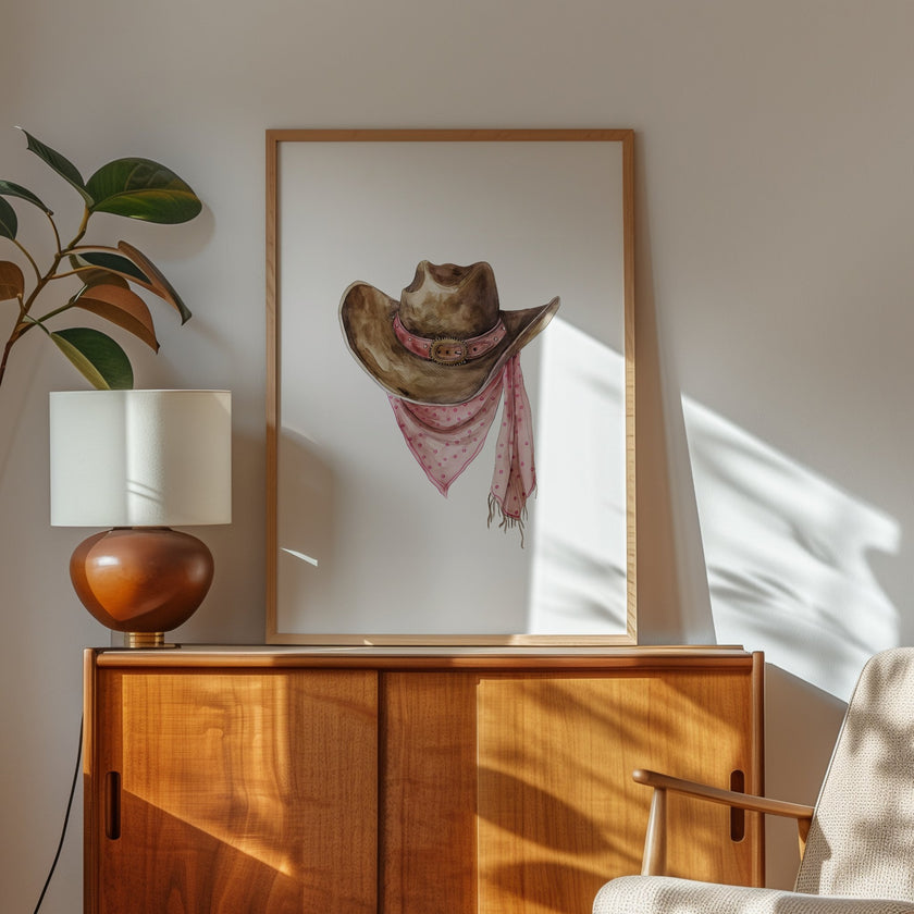 Rustic watercolor cowboy hat with pink polka dot bandana against white background, featuring detailed brushstrokes and soft muted colors perfect for farmhouse and western-themed spaces.