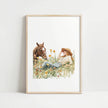 Serene watercolor scene of woman and horse in meadow, depicted in warm chestnut brown, sage green and gold tones on minimalist white background with rustic wooden frame elements