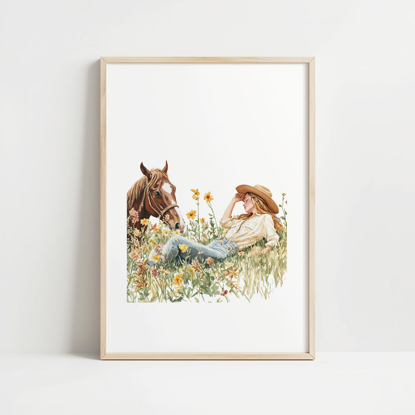 Serene watercolor scene of woman and horse in meadow, depicted in warm chestnut brown, sage green and gold tones on minimalist white background with rustic wooden frame elements