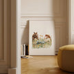 Serene watercolor scene of woman and horse in meadow, depicted in warm chestnut brown, sage green and gold tones on minimalist white background with rustic wooden frame elements