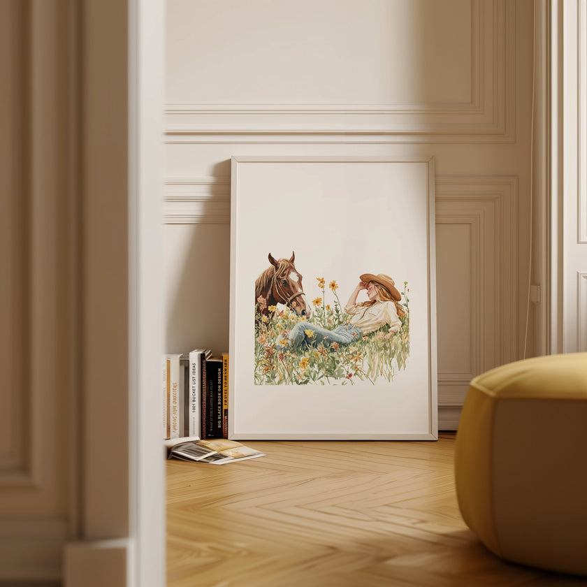 Serene watercolor scene of woman and horse in meadow, depicted in warm chestnut brown, sage green and gold tones on minimalist white background with rustic wooden frame elements