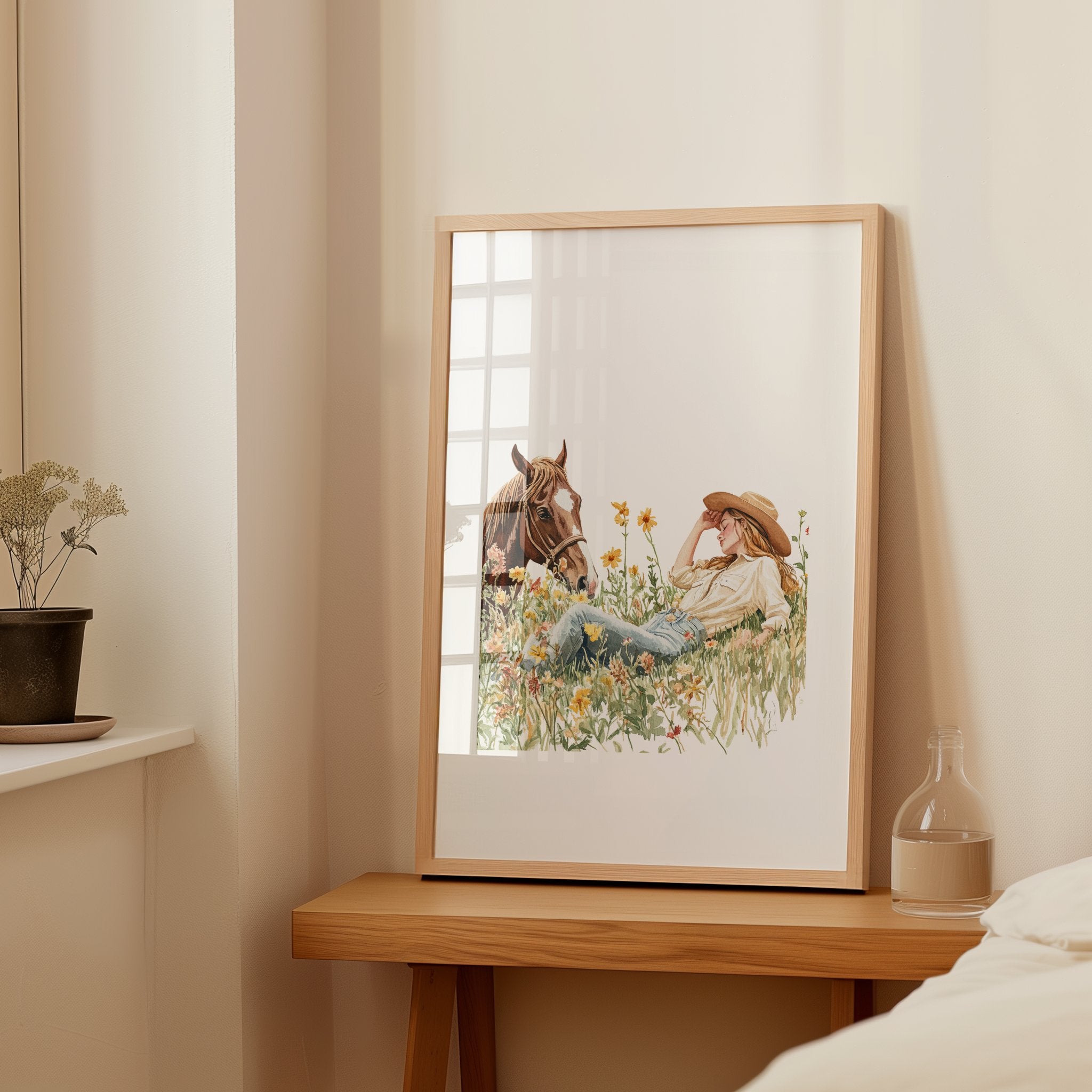 Serene watercolor scene of woman and horse in meadow, depicted in warm chestnut brown, sage green and gold tones on minimalist white background with rustic wooden frame elements