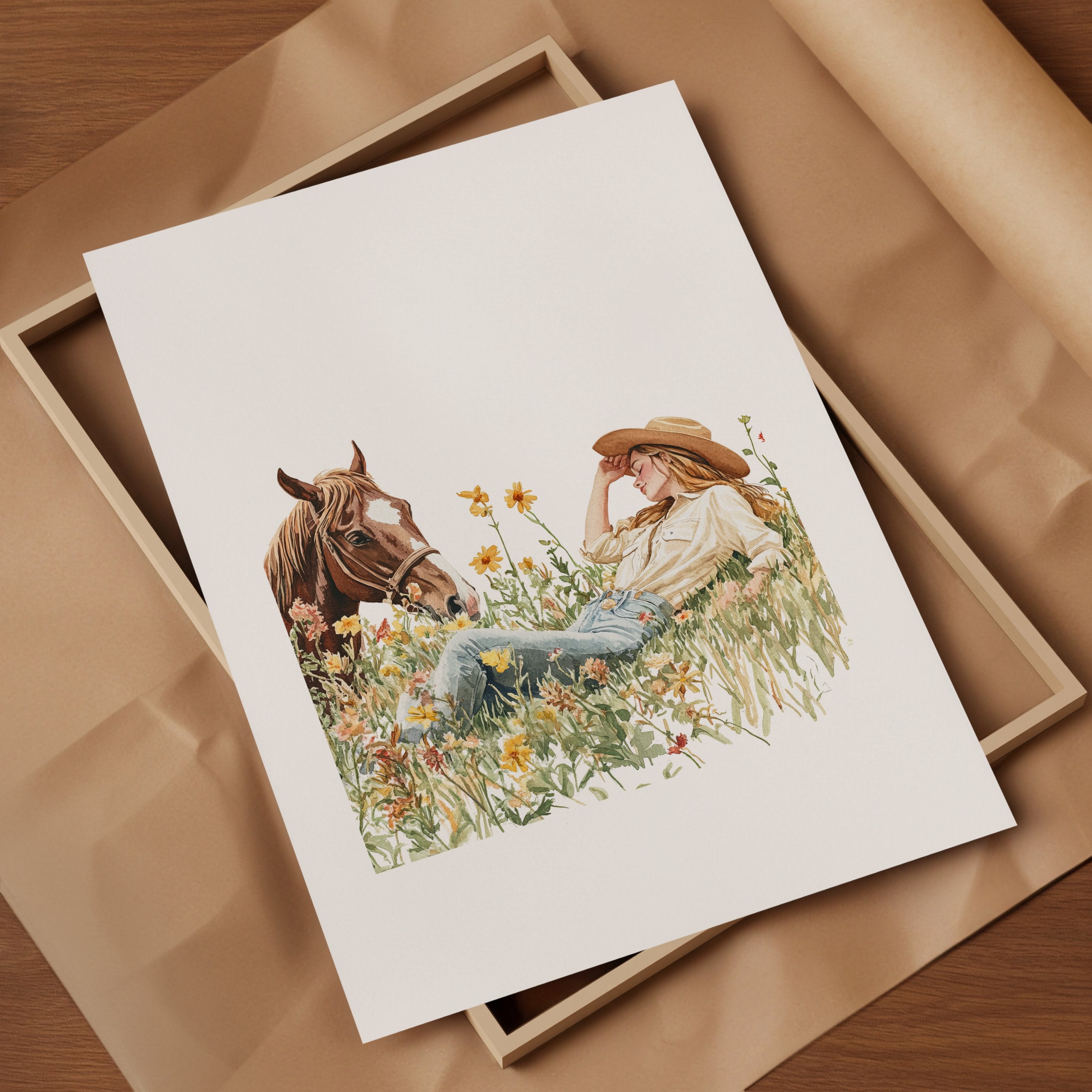 Serene watercolor scene of woman and horse in meadow, depicted in warm chestnut brown, sage green and gold tones on minimalist white background with rustic wooden frame elements