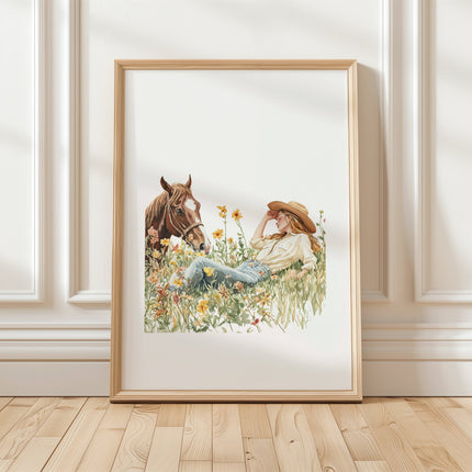 Serene watercolor scene of woman and horse in meadow, depicted in warm chestnut brown, sage green and gold tones on minimalist white background with rustic wooden frame elements