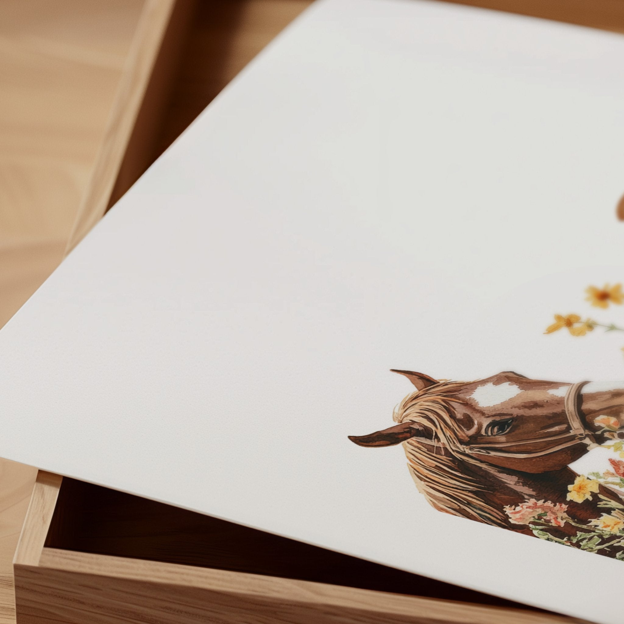 Serene watercolor scene of woman and horse in meadow, depicted in warm chestnut brown, sage green and gold tones on minimalist white background with rustic wooden frame elements