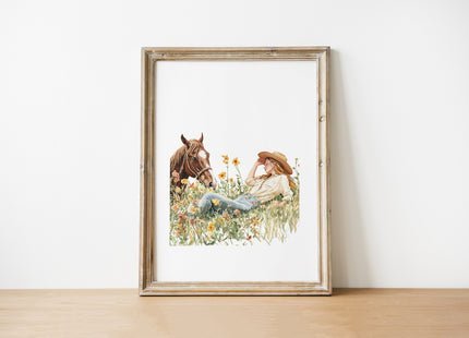 Serene watercolor scene of woman and horse in meadow, depicted in warm chestnut brown, sage green and gold tones on minimalist white background with rustic wooden frame elements