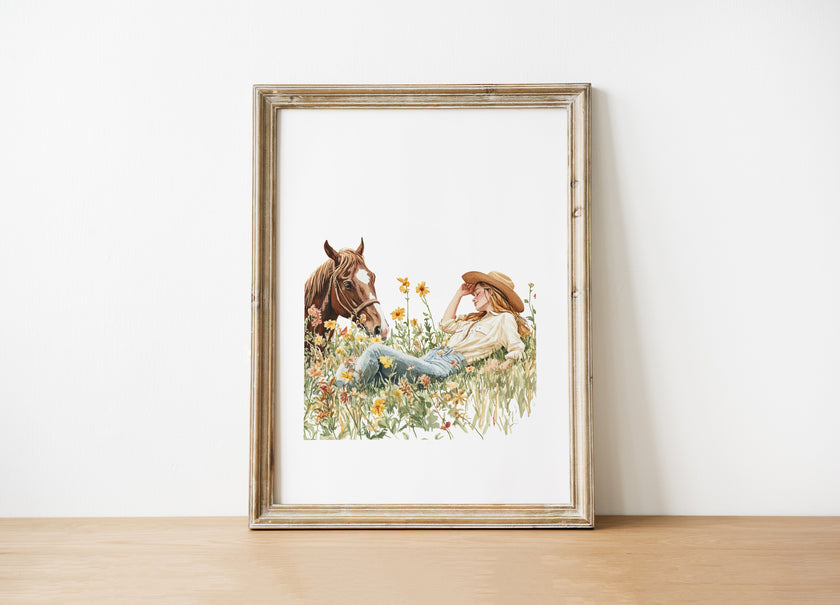 Serene watercolor scene of woman and horse in meadow, depicted in warm chestnut brown, sage green and gold tones on minimalist white background with rustic wooden frame elements