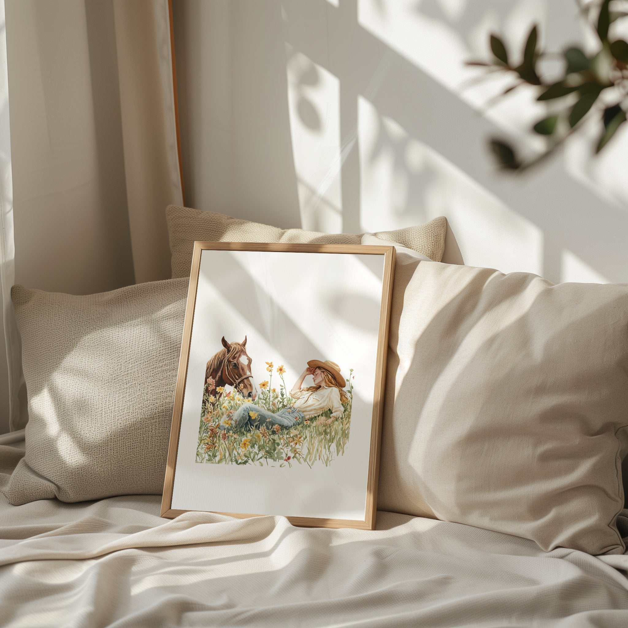 Serene watercolor scene of woman and horse in meadow, depicted in warm chestnut brown, sage green and gold tones on minimalist white background with rustic wooden frame elements