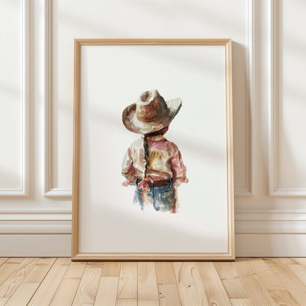 Watercolor illustration of a child in cowboy hat viewed from behind, rendered in warm sienna, denim blue, and blush pink against white background, creating nostalgic rustic charm.