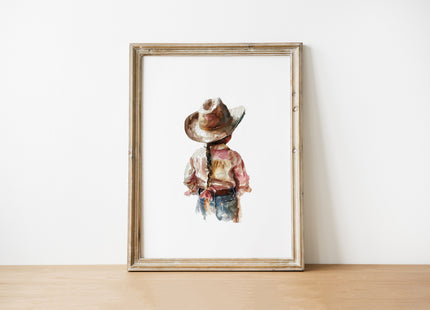 Watercolor illustration of a child in cowboy hat viewed from behind, rendered in warm sienna, denim blue, and blush pink against white background, creating nostalgic rustic charm.
