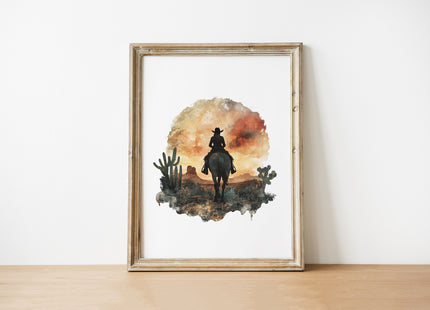Watercolor silhouette of a cowboy on horseback against desert sunset hues of russet and ochre, framed by cacti with textured white space creating nostalgic, adventurous atmosphere.
