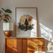 Watercolor silhouette of a cowboy on horseback against desert sunset hues of russet and ochre, framed by cacti with textured white space creating nostalgic, adventurous atmosphere.