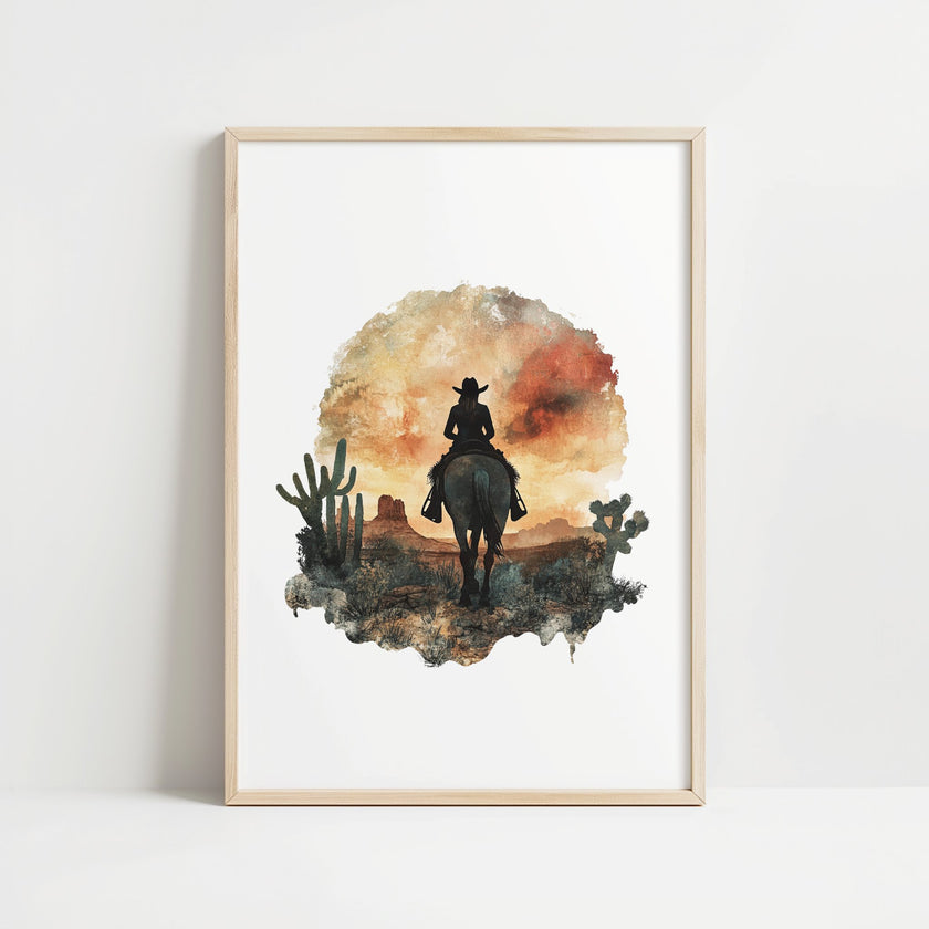 Watercolor silhouette of a cowboy on horseback against desert sunset hues of russet and ochre, framed by cacti with textured white space creating nostalgic, adventurous atmosphere.