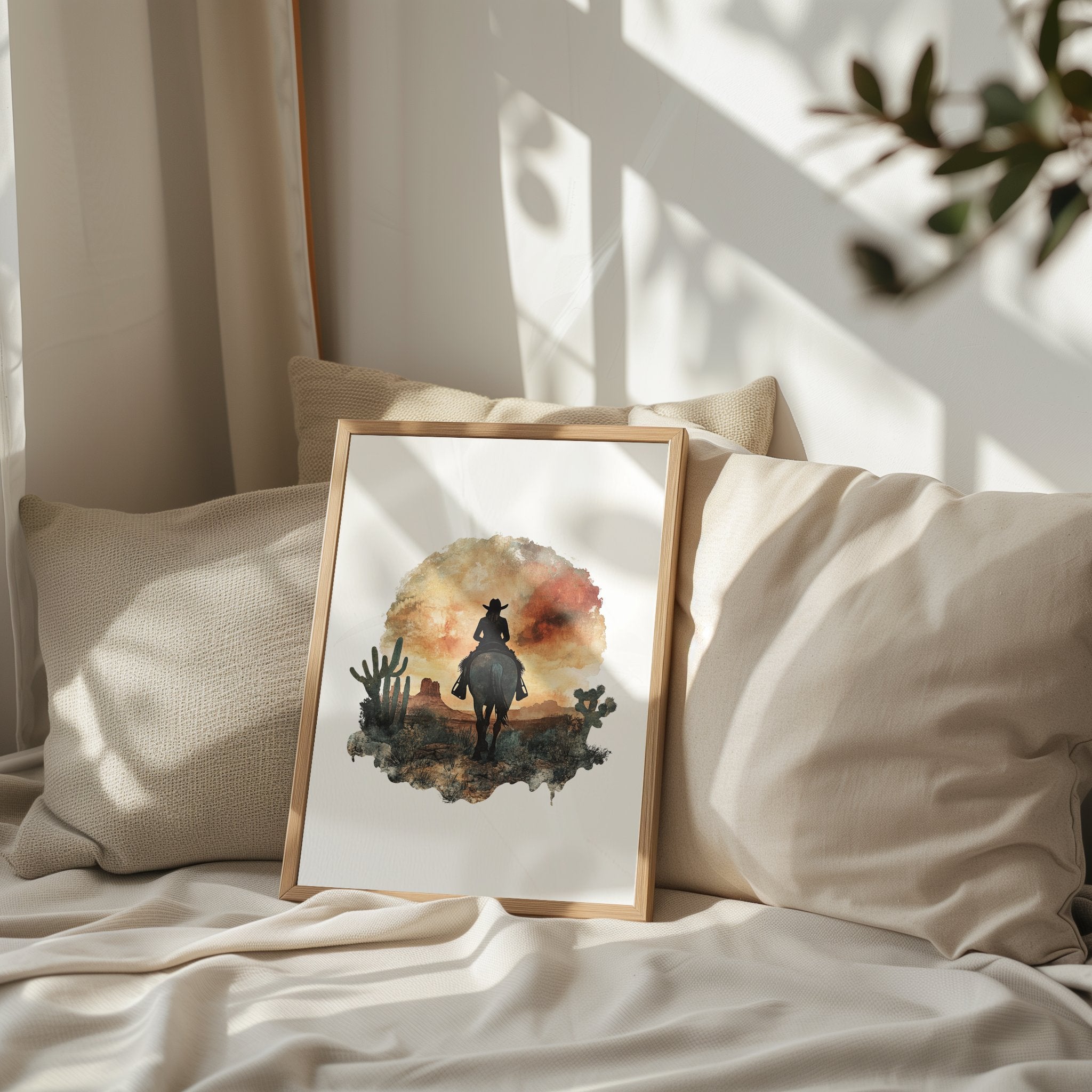 Watercolor silhouette of a cowboy on horseback against desert sunset hues of russet and ochre, framed by cacti with textured white space creating nostalgic, adventurous atmosphere.