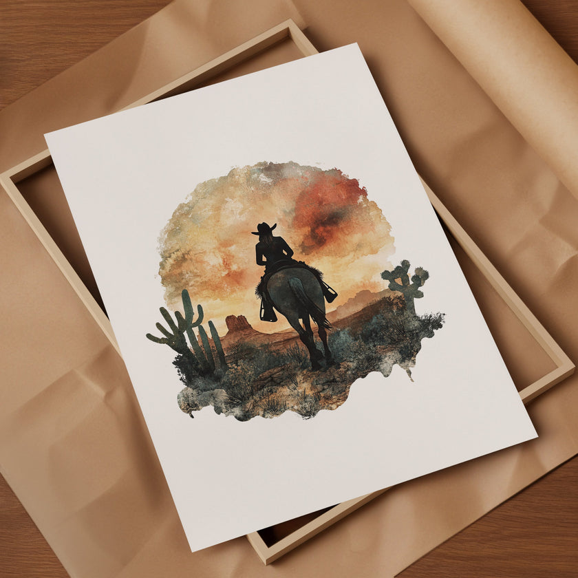 Watercolor silhouette of a cowboy on horseback against desert sunset hues of russet and ochre, framed by cacti with textured white space creating nostalgic, adventurous atmosphere.