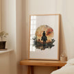 Watercolor silhouette of a cowboy on horseback against desert sunset hues of russet and ochre, framed by cacti with textured white space creating nostalgic, adventurous atmosphere.