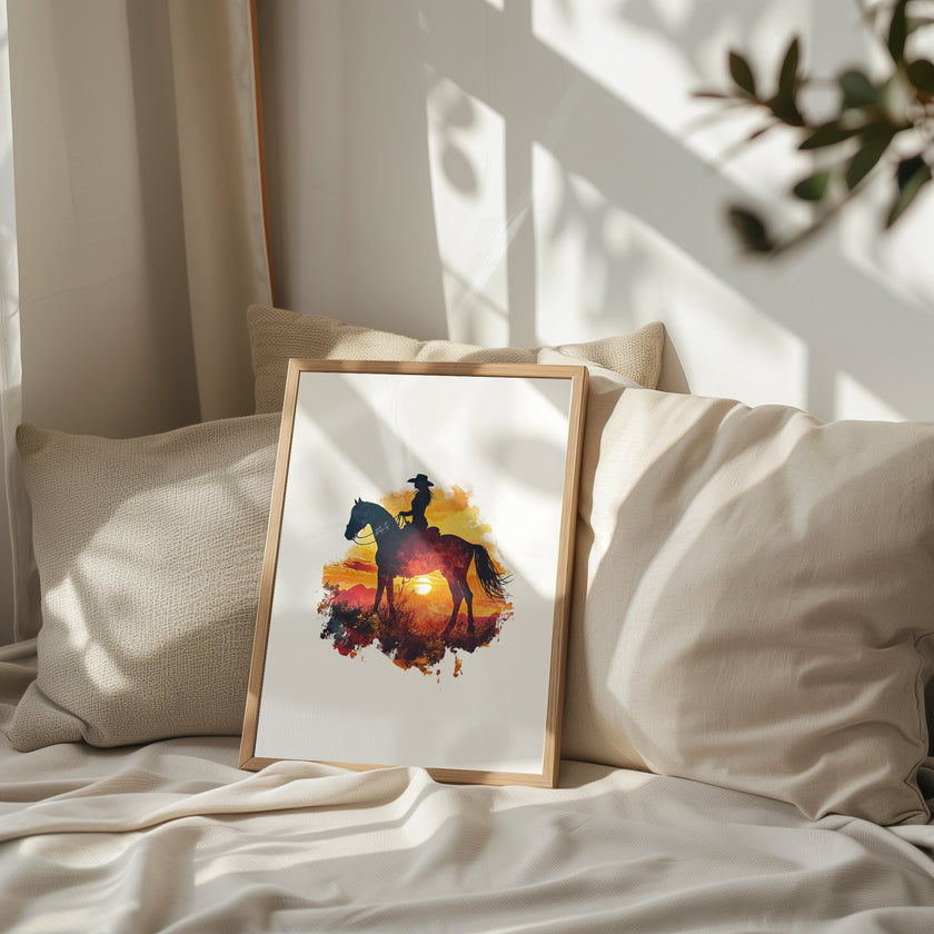 Dramatic silhouette of cowboy on horseback against vibrant orange, red and yellow sunset, featuring textured watercolor splashes creating a nostalgic, adventurous western landscape perfect for rustic decor.