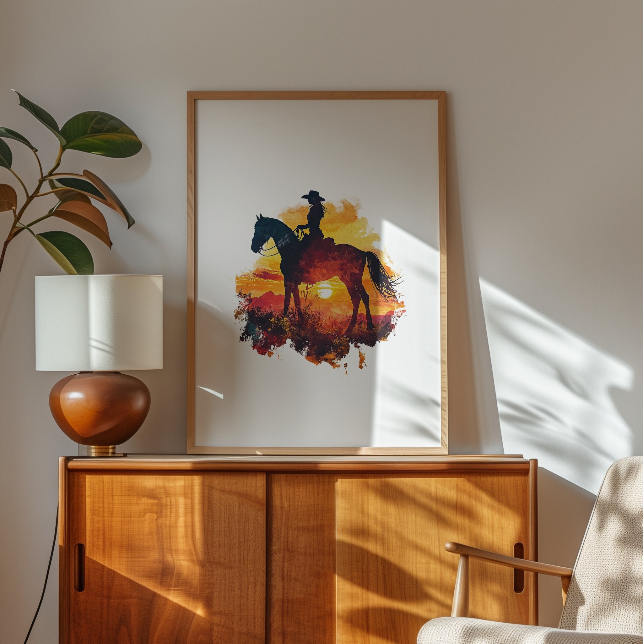 Dramatic silhouette of cowboy on horseback against vibrant orange, red and yellow sunset, featuring textured watercolor splashes creating a nostalgic, adventurous western landscape perfect for rustic decor.