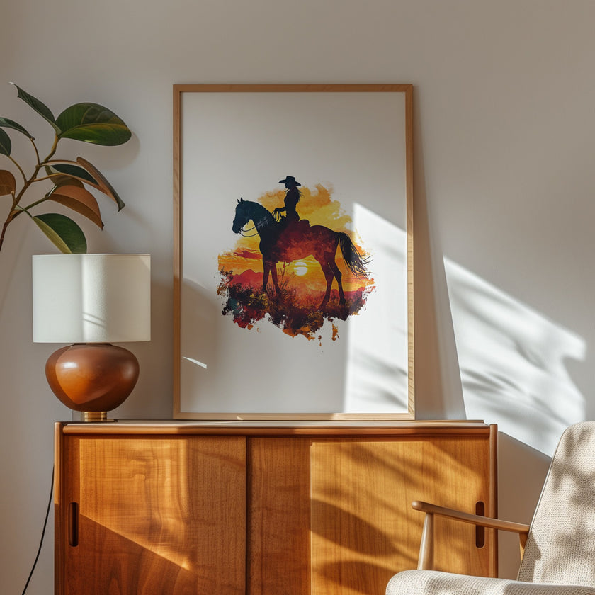 Dramatic silhouette of cowboy on horseback against vibrant orange, red and yellow sunset, featuring textured watercolor splashes creating a nostalgic, adventurous western landscape perfect for rustic decor.