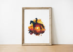 Dramatic silhouette of cowboy on horseback against vibrant orange, red and yellow sunset, featuring textured watercolor splashes creating a nostalgic, adventurous western landscape perfect for rustic decor.