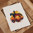Dramatic silhouette of cowboy on horseback against vibrant orange, red and yellow sunset, featuring textured watercolor splashes creating a nostalgic, adventurous western landscape perfect for rustic decor.