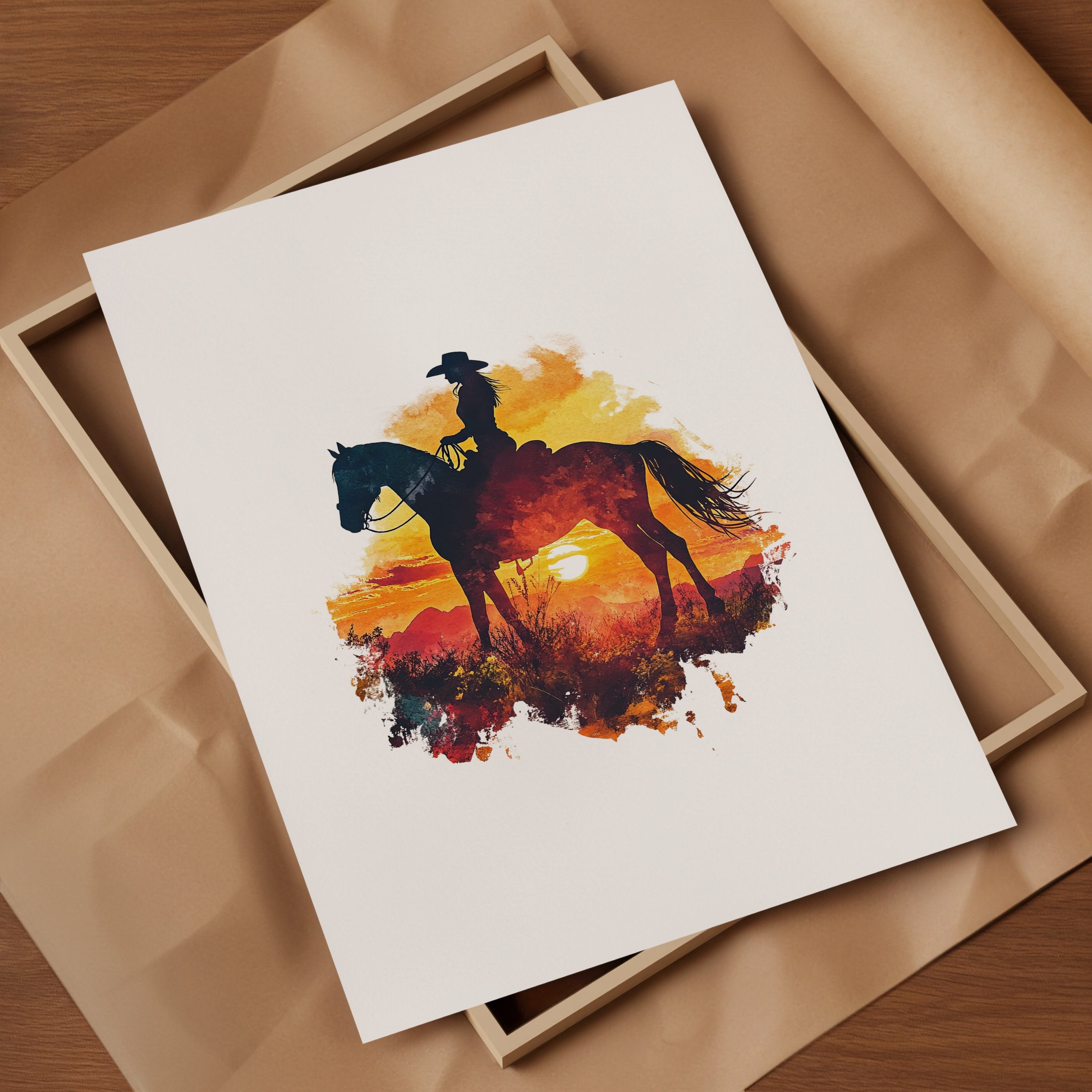 Dramatic silhouette of cowboy on horseback against vibrant orange, red and yellow sunset, featuring textured watercolor splashes creating a nostalgic, adventurous western landscape perfect for rustic decor.