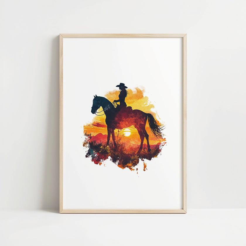 Dramatic silhouette of cowboy on horseback against vibrant orange, red and yellow sunset, featuring textured watercolor splashes creating a nostalgic, adventurous western landscape perfect for rustic decor.