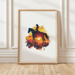 Dramatic silhouette of cowboy on horseback against vibrant orange, red and yellow sunset, featuring textured watercolor splashes creating a nostalgic, adventurous western landscape perfect for rustic decor.