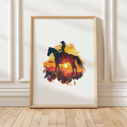 Dramatic silhouette of cowboy on horseback against vibrant orange, red and yellow sunset, featuring textured watercolor splashes creating a nostalgic, adventurous western landscape perfect for rustic decor.
