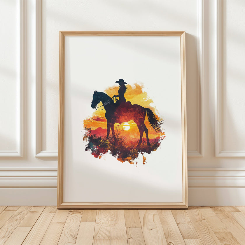 Dramatic silhouette of cowboy on horseback against vibrant orange, red and yellow sunset, featuring textured watercolor splashes creating a nostalgic, adventurous western landscape perfect for rustic decor.