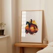 Dramatic silhouette of cowboy on horseback against vibrant orange, red and yellow sunset, featuring textured watercolor splashes creating a nostalgic, adventurous western landscape perfect for rustic decor.