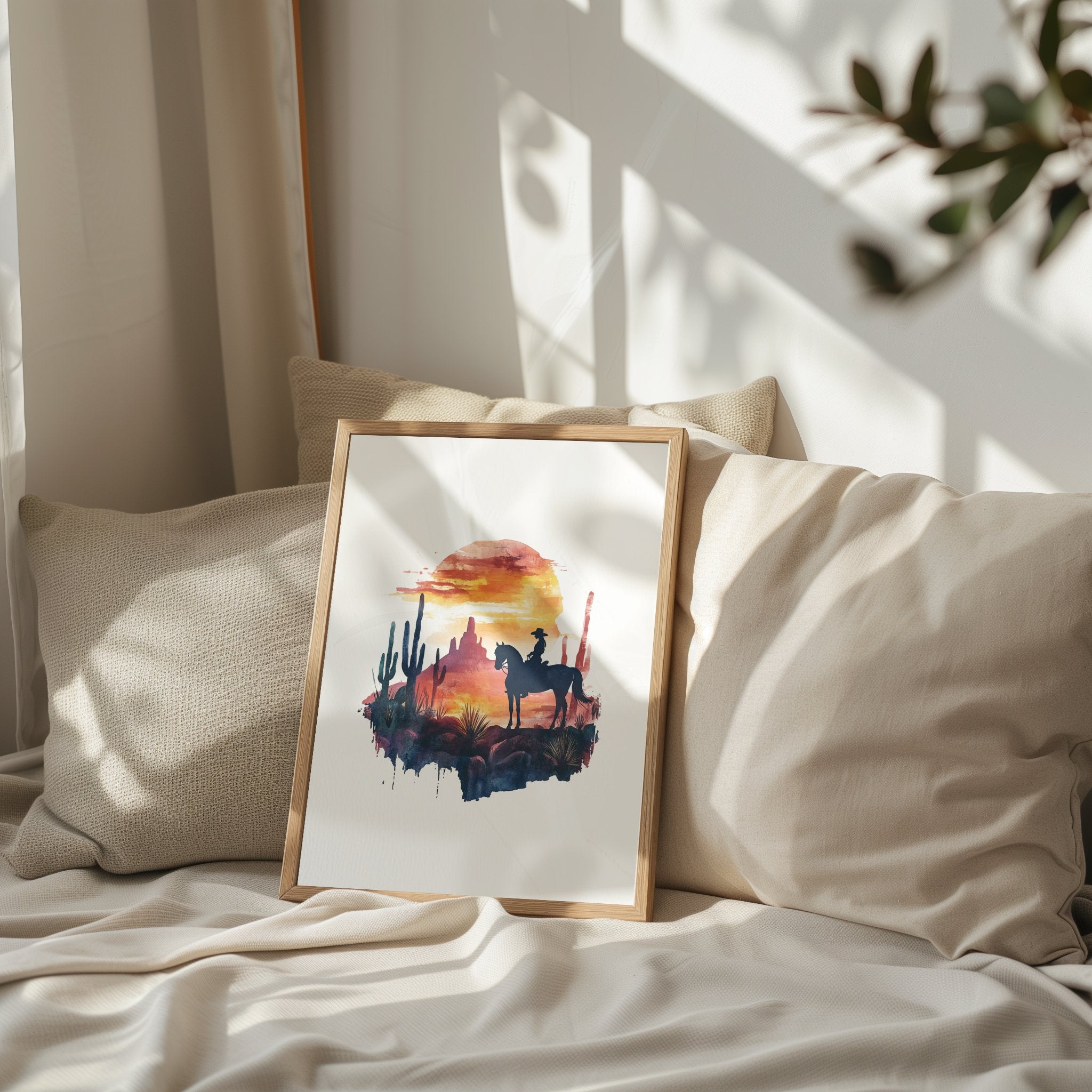 Silhouetted cowboy on horseback against vibrant orange and red sunset with navy blue mountains, cacti and desert formations creating a powerful rustic southwestern aesthetic.