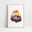 Silhouetted cowboy on horseback against vibrant orange and red sunset with navy blue mountains, cacti and desert formations creating a powerful rustic southwestern aesthetic.