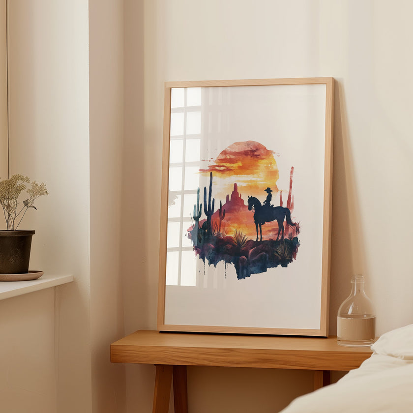 Silhouetted cowboy on horseback against vibrant orange and red sunset with navy blue mountains, cacti and desert formations creating a powerful rustic southwestern aesthetic.