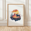Silhouetted cowboy on horseback against vibrant orange and red sunset with navy blue mountains, cacti and desert formations creating a powerful rustic southwestern aesthetic.