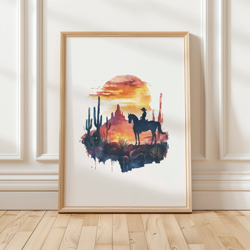 Silhouetted cowboy on horseback against vibrant orange and red sunset with navy blue mountains, cacti and desert formations creating a powerful rustic southwestern aesthetic.