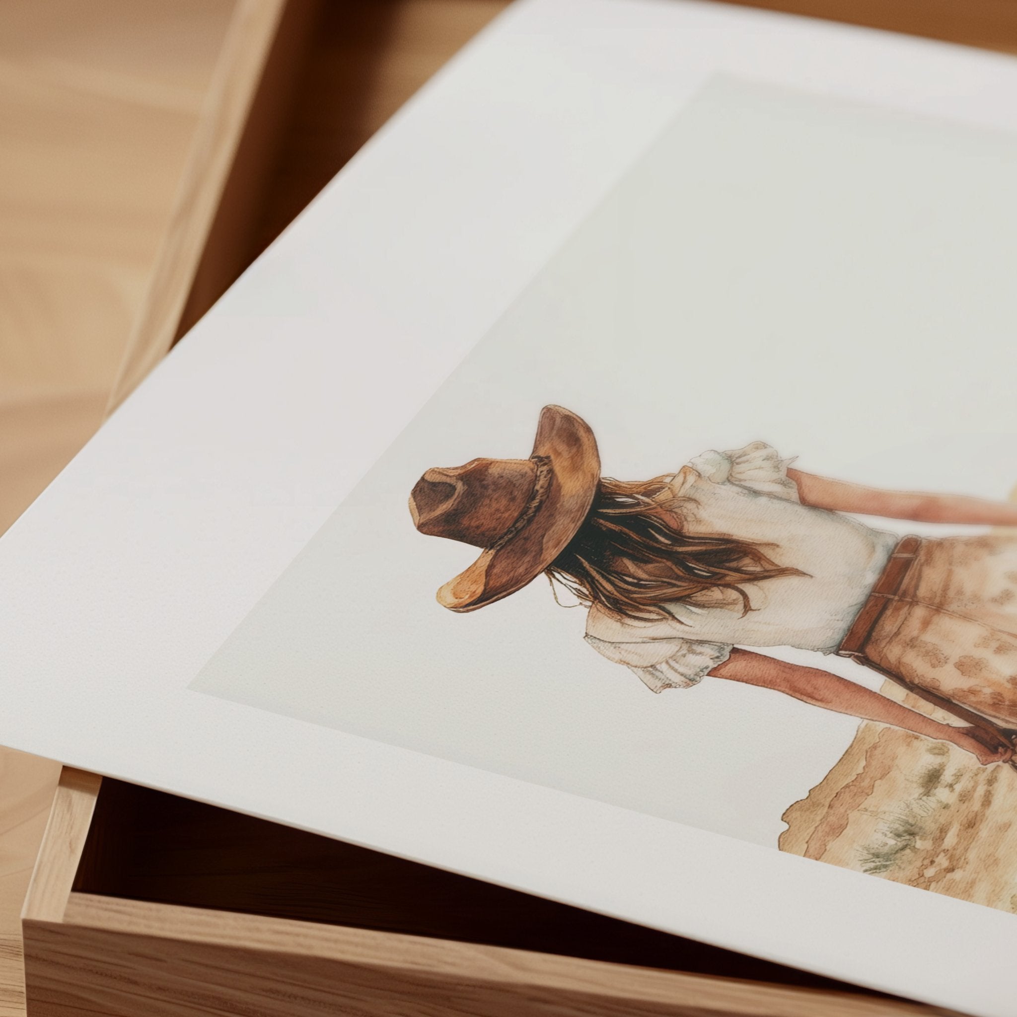 Serene vintage illustration of a solitary woman in wide-brimmed hat walking through desert landscape, rendered in soft sepia tones and sandy beige with minimalist sage green accents.