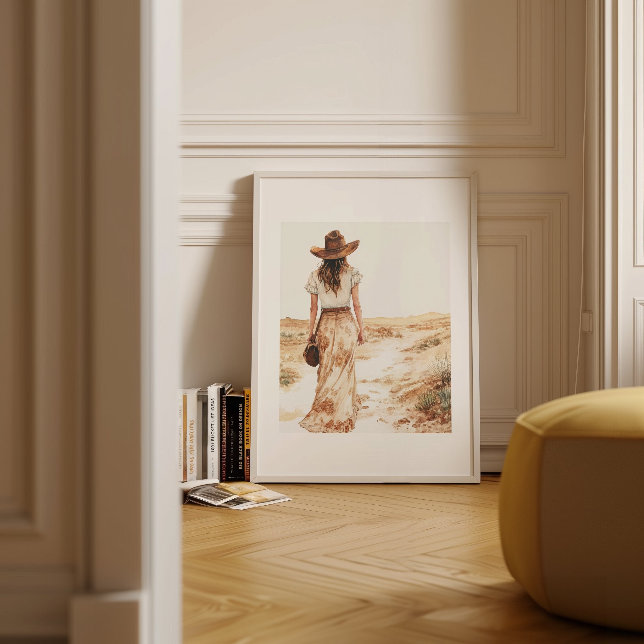 Serene vintage illustration of a solitary woman in wide-brimmed hat walking through desert landscape, rendered in soft sepia tones and sandy beige with minimalist sage green accents.