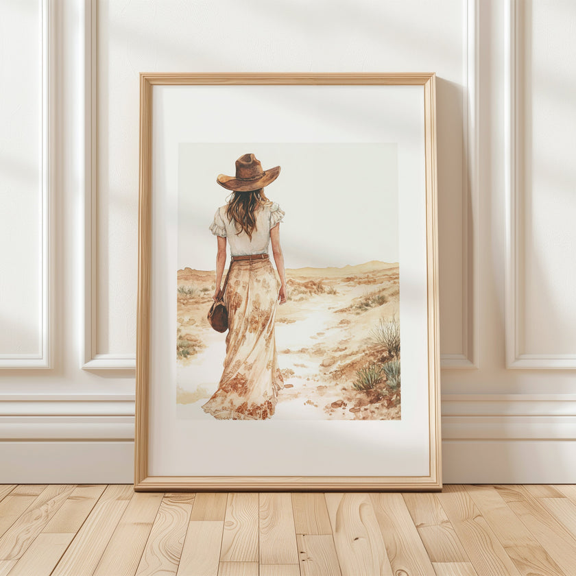 Serene vintage illustration of a solitary woman in wide-brimmed hat walking through desert landscape, rendered in soft sepia tones and sandy beige with minimalist sage green accents.
