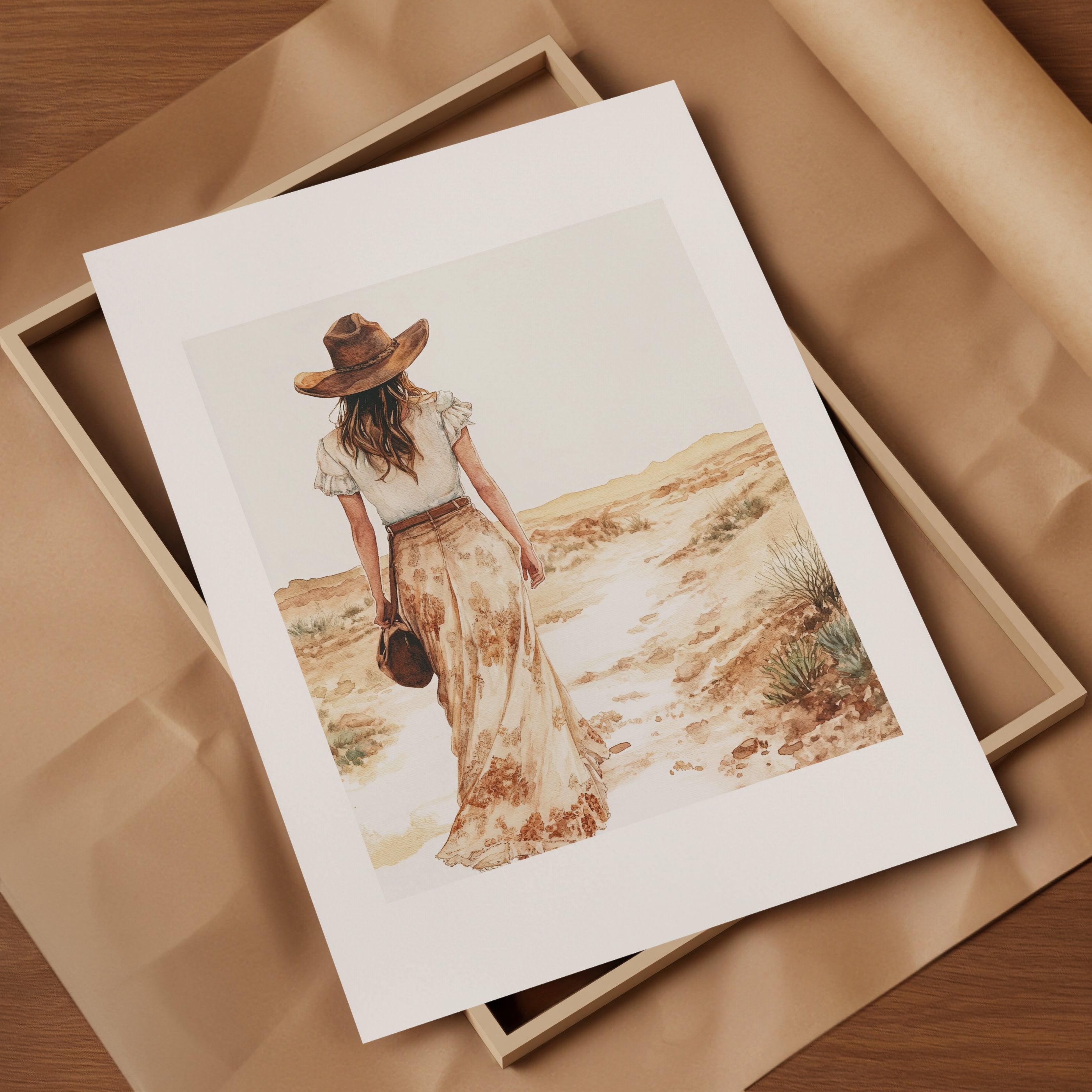 Serene vintage illustration of a solitary woman in wide-brimmed hat walking through desert landscape, rendered in soft sepia tones and sandy beige with minimalist sage green accents.