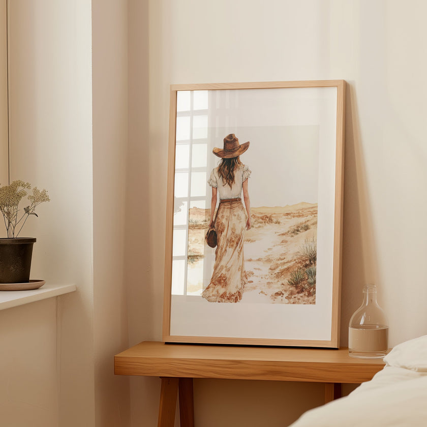 Serene vintage illustration of a solitary woman in wide-brimmed hat walking through desert landscape, rendered in soft sepia tones and sandy beige with minimalist sage green accents.