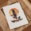 Modern silhouette print featuring a cowboy and dog against a warm terracotta sunset, rendered in orange and earthy brown tones with clean, bold contours creating a peaceful, introspective mood.