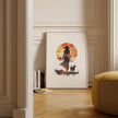 Modern silhouette print featuring a cowboy and dog against a warm terracotta sunset, rendered in orange and earthy brown tones with clean, bold contours creating a peaceful, introspective mood.