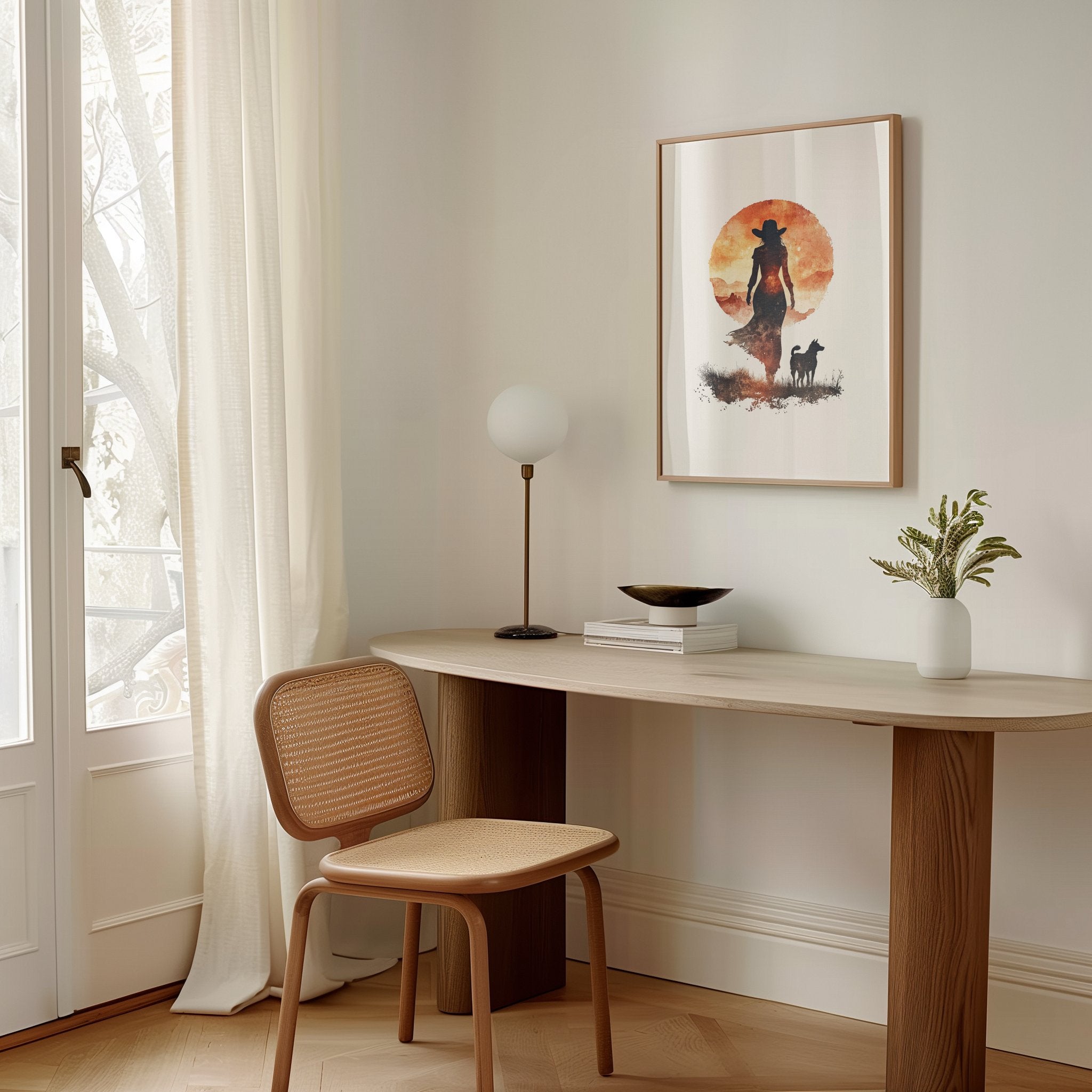 Modern silhouette print featuring a cowboy and dog against a warm terracotta sunset, rendered in orange and earthy brown tones with clean, bold contours creating a peaceful, introspective mood.