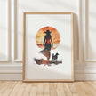 Modern silhouette print featuring a cowboy and dog against a warm terracotta sunset, rendered in orange and earthy brown tones with clean, bold contours creating a peaceful, introspective mood.